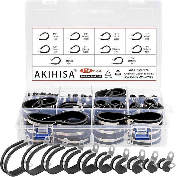 AKIHISA 126Pcs Kit 1/4"-1-3/4" 10Sizes Cable Clamps Kit, 304 Stainless Steel Conduit Clamps, for Cable, Pipe, Hose, Fuel Line, Metal Wire Cord Installation