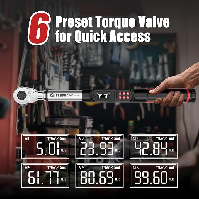 VANPO Digital Torque Wrench 3/8 Inch Drive, 5–99.6 Ft-Lb, for Automotive | High Contrast Backlit LCD, Fast-Adjust Control, Vibration, Buzzer, LED Alert, Electric Torque Wrench for Motorcycle & Bike