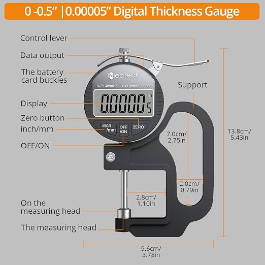Neoteck Digital Thickness Gauge 1inch/25.4mm,0.00005inch/0.001mm LCD Display with Inch/MM Conversion One-Hand Quick Press Thickness Measuring Tool for Leather Paper Fabric Film etc.-Silver-Black