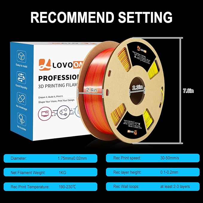 LOVOON 3D Tri-Colors PLA Printer Filament 1.75mm, Silk PLA Red Yellow Blue, 3D Printing Filament +/-0.02mm, Most 3D Printer and 3D Pen Compatible, 1kg(2.2lbs)/Spool
