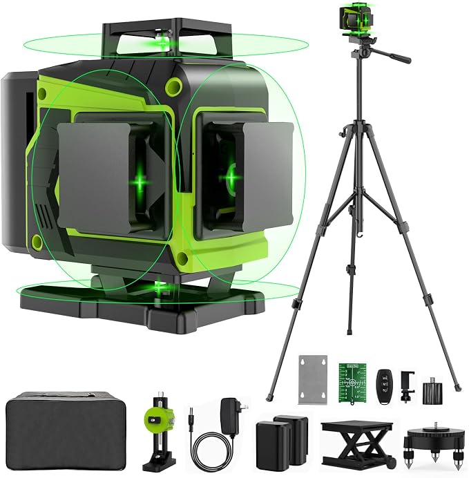 16 Line Laser Level with Tripod,4x360° Self Leveling Laser Level with 2 Batteries,4D Laser Level 360 Self Leveling,Green Line laser Level Tool for Construction,Picture Hanging,Home Renovation