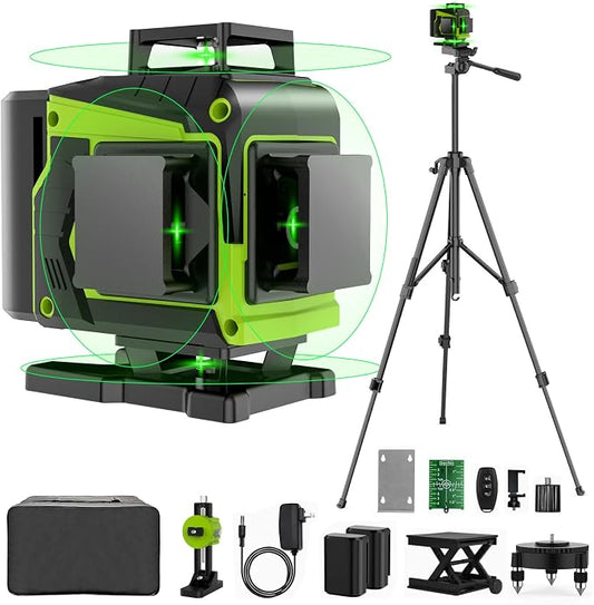16 Line Laser Level with Tripod,4x360° Self Leveling Laser Level with 2 Batteries,4D Laser Level 360 Self Leveling,Green Line laser Level Tool for Construction,Picture Hanging,Home Renovation