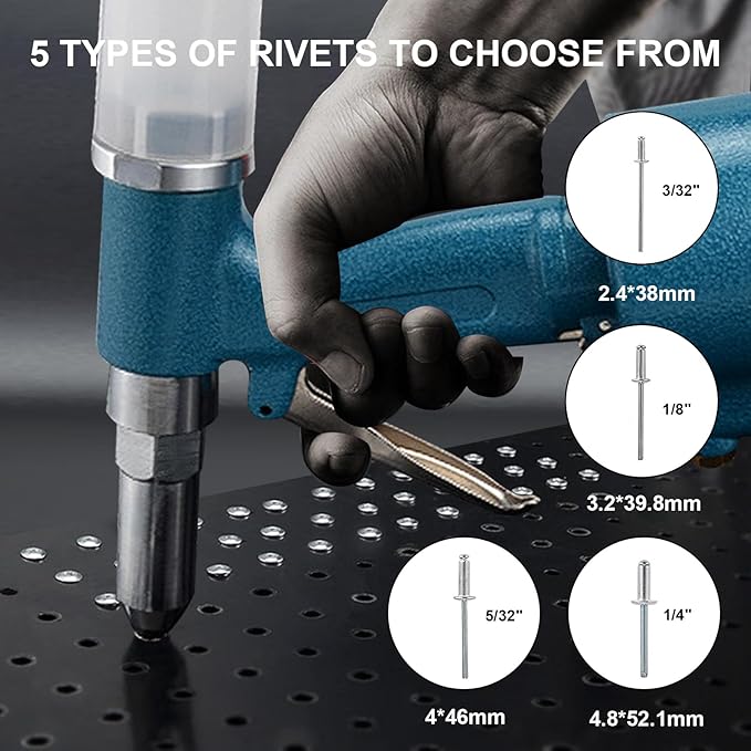 Vanwoke Pneumatic Rivet Gun,Air Pop Riveter Gun Tool Kit with 3/16",5/32", 1/8" and 3/32" Capacity Nosepieces with 40PCS Rivets,Heavy Duty Pop Pneumatic Riveter Riveting Tool