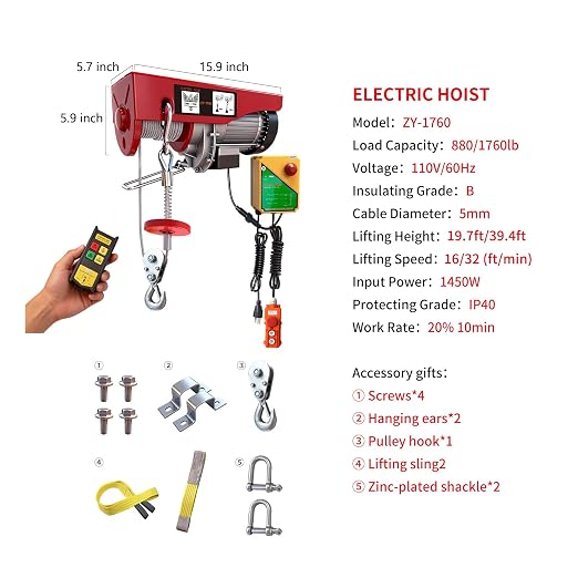 Electric Hoist,1760 lbs 110V Electric Winch with 328 ft Wireless & 14 ft Wired Remote Control, Single/Double Slings,40 ft Single Cable Lifting Height, Lift Hoist for Garage Warehouse Factory