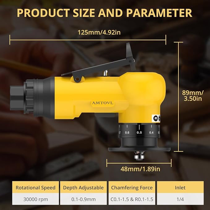 AMTOVL Pneumatic Chamfering Tool - Mini Air Chamfer Tool with 10 C-Angle & 10 R-Angle Blades, 45° 30000 RPM Chamfering Tool for Metal and Wood with 1/4" Air Inlet