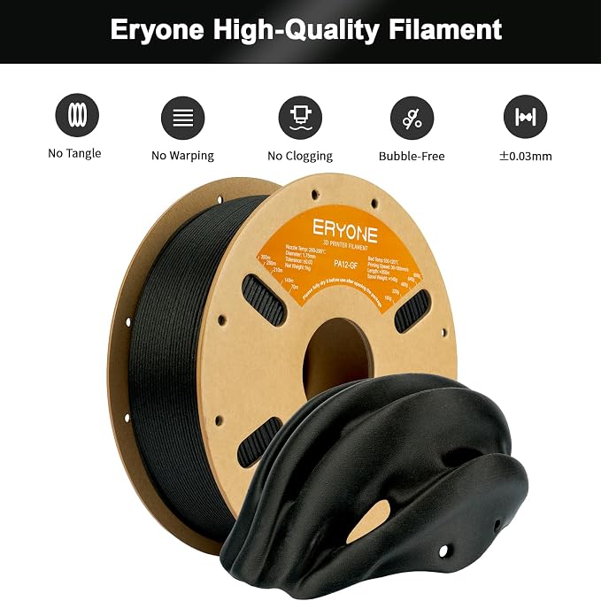 ERYONE Nylon 3D Printer Filament, Polyamide PA12 Glass Fiber Filament 1.75mm +/- 0.03mm, Stiff & Strong & Heat Resistant, 1kg (2.2LBS)/Spool, PA12 GF Black
