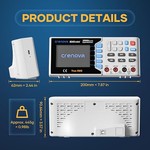 Crenova 30000 Counts True RMS Digital Multimeter, Desktop Bench Multimeter for Lab & Industrial Use. USB Data Logging, CAT II 600V. Measures Voltage, Current, Resistance, Capacitance, Temperature.