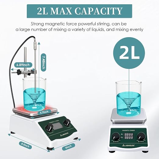 LHS-2S Digital Magnetic Stirrer Hot Plate, 100°C, 700-2600RPM, 2L | Max. settable temp 100°C/ 212℉, non-removable probe, Heated mixer lab stirring, PTFE stir bar, bar recycler, support stand