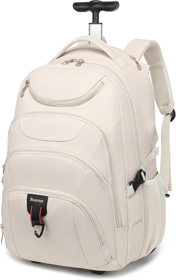 Boavan Rolling Backpack for Women, 17.3 Inch Wheeled Laptop Backpack,Large Travel Carry-On Bag for Teachers College Students, USB Charging Port Waterproof Business for Airplane Overnight Luggage，Beige