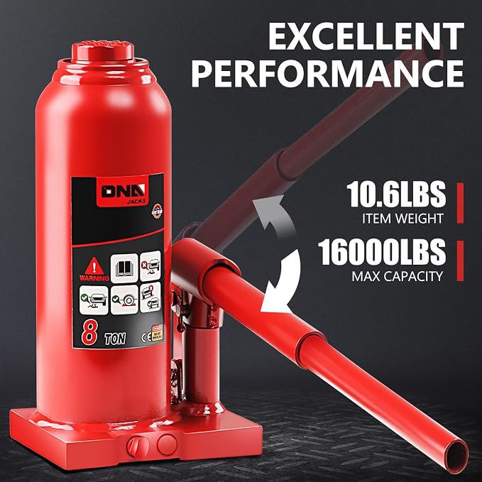 DNA Motoring 8 tons / 16000 lbs Lifting Automotive Welded Hydraulic Bottle Jack for Repair Vehicle, Pickup, Truck, w/Manual Handle, Red,TOOLS-00358