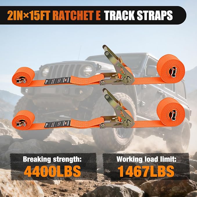 Nilight E-Track Ratchet Straps 8 Pack 2" x 15' Heavy Duty Orange Cargo Tie-Downs 4400 lbs Breaking Strength Standard E Track accessories Tie Down E-Track Spring Fittings for Cargo Vans Trucks Trailers