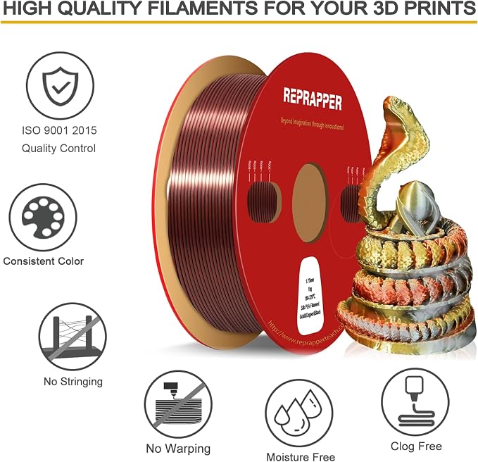 Reprapper Triple Color Filament Coextrusion PLA Filament 1.75mm for 3D Printer, Multicolor Like Dual Color Silk Rainbow pla, 2.2lbs (1kg), Silk PLA Gold/Copper/Black