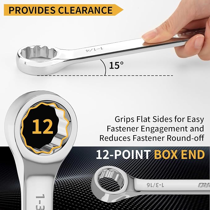 GRENPRO Large Wrench Set, SAE Wrench Set With Color Ring, 7PCS 15/16", 1", 1-1/16", 1-1/8", 1-3/16", 1-1/4" Long Big Open End Wrench Tools Set Roll Up Pouch Organizer, 12 PT Combination Wrenches Sets