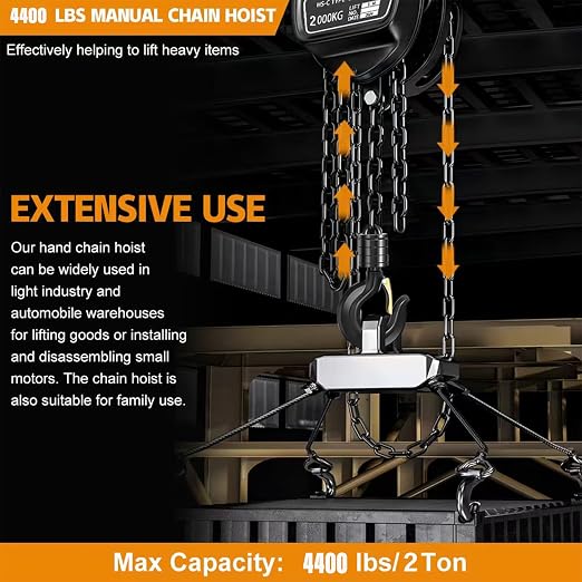 Hand Chain Hoist, Manual Chain Fall，2 Ton 4400 lbs Capacity 10 FT Come Along, G80 Galvanized Carbon Steel，Auto Chain Leading & 360° Rotation Hook for Warehouse Building Automotive Machinery (2T-3M)