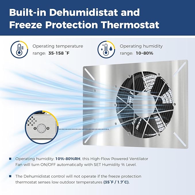 ALORAIR 540 CFM Stainless Steel Crawl Space Ventilation Fan with Humidistat Dehumidistat, IP55 Rated Crawlspace Vent Fan for Foundation Basements Garage Attic
