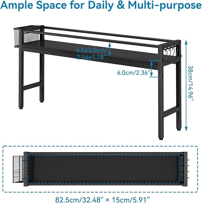 YMYNY 32.5" Spice Rack Over Stove Kitchen Organizer Black UHSR008B | With 4 hooks & side basket, this shelf adds extra countertop storage for spices, utensils, oil bottles and kitchen essentials