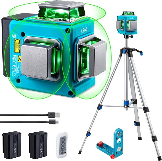 KEZERS Laser Level with Tripod,3 x 360 Self Leveling Laser Level, Green Line Laser 3D Laser Leveler Tool with 2 Rechargeable Batteries for Picture Hanging,Tile,Home Renovation,Indoor