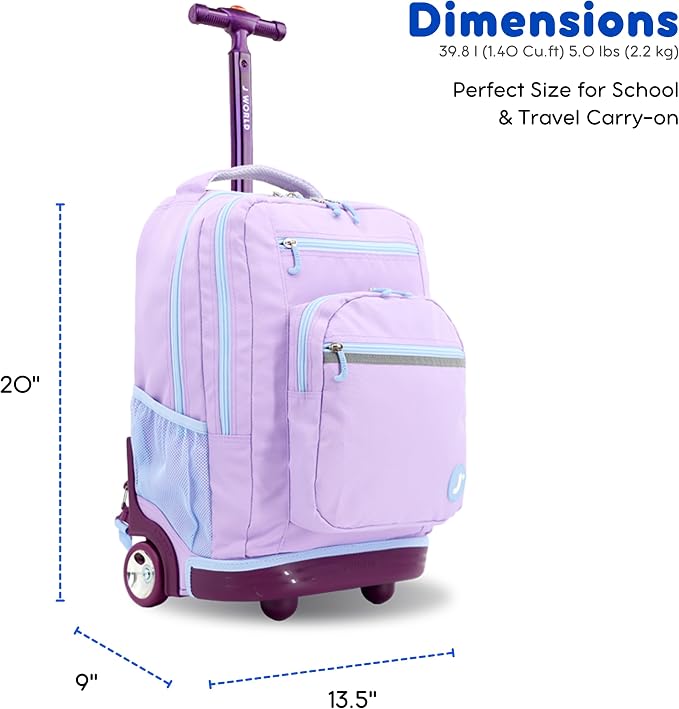 J World Sundance Laptop Rolling Backpack for Girls Boys. Roller Bookbag with Wheels, 20 Inch, Purple