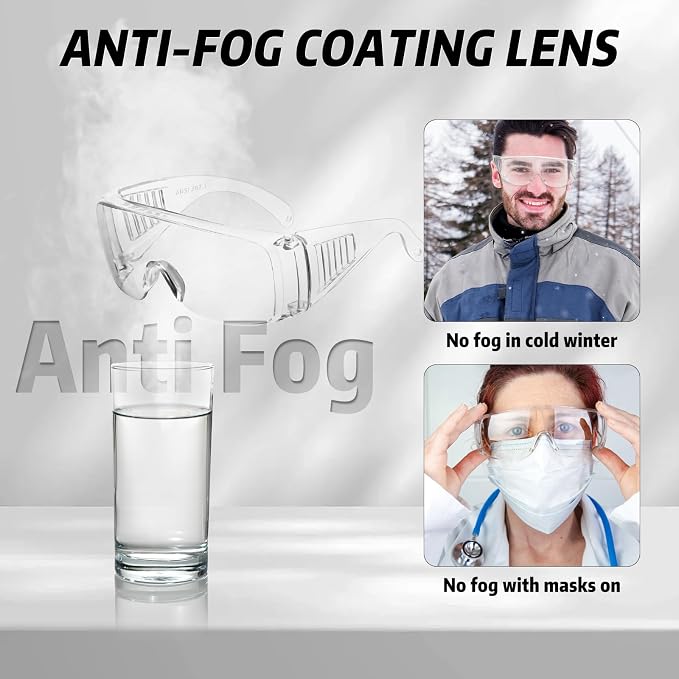 Salfboy Safety Glasses Over Eyeglasses with Anti-Fog and Scratch Resistant ANSI Z87 Safety Goggles Over Glasses