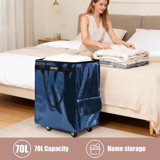 (Medium,Navy Blue) Reusable Grocery Bag on 4 Wheels, 70L Foldable Rolling Tote Bag with 3 Handles and Zipper, Rolling Shopping Cart for Groceries, Storage, Laundry, Travel, Organizer, 76lb