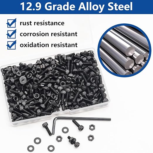 300PCS M3 x 8mm Hex Socket Head Cap Screws with Nuts and Washers, 12.9 Grade Alloy Steel M3 Bolts with Hex Wrench