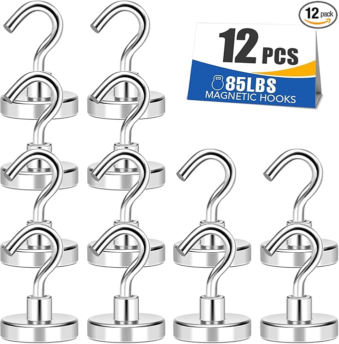 MIKEDE 12 Pack Magnetic Hooks Heavy Duty 85lbs Strong Magnets | Metal Hooks for Cruise Cabins Industrial Strength Magnets Hooks Perfect for Ships Outdoor Hanging Brackets Refrigerator