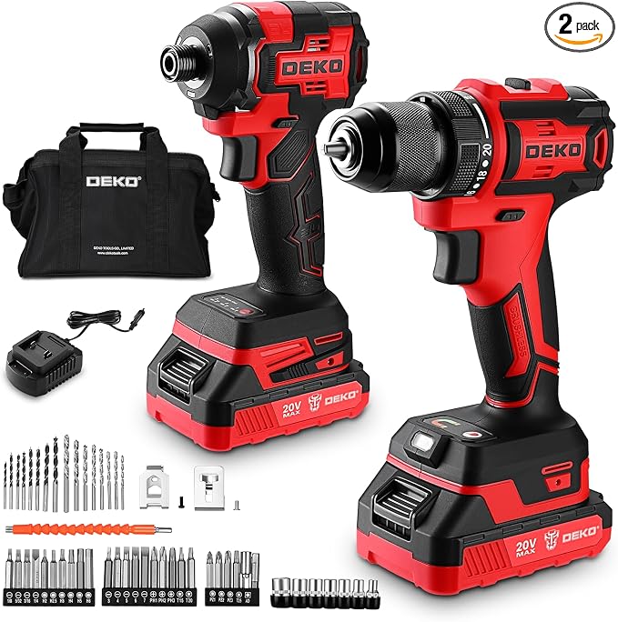 Cordless Drill & Impact Driver: DEKOPRO 20V Brushless Power Drill and 20V Brushless Impact Driver Set, Power Tool Set with 2x2.0Ah Batteries, Charger, Bag & 52xAccessories-Red