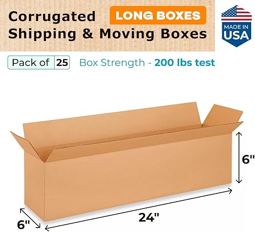 Long Moving & Shipping Boxes 24"L x 6"W x 6"H (25-Pack) - Extra Strength 200 lb vs Regular - USA-Made Corrugated Heavy Duty Moving Boxes - Cardboard Long Box for Shipping & Packing by IDL Packaging