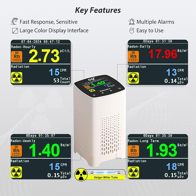 GQ Radon Detector New Version V2.0 Radon Pro 2-in-1 Radon Monitor Nuclear Radiation Detector Geiger Counter simultaneously Detection Fast Accurate Color Simple Display Made in USA