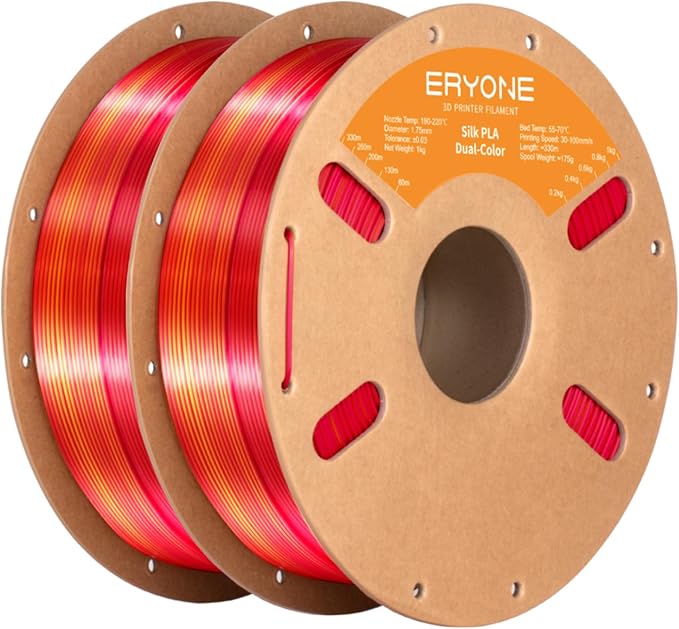 ERYONE Silk Dual Color PLA Filament 3D Printer 1.75mm +/- 0.03mm, Bicolor Filament Two Tone PLA Bundle 2KG Cardboard Spool, Red Gold