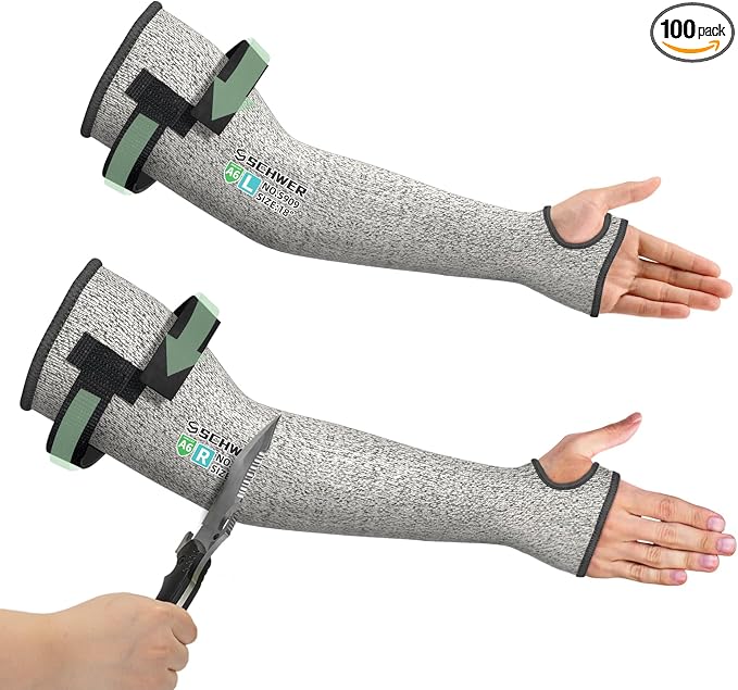 Schwer 100 Pairs PRO-SKIN ANSI A6 Cut Resistant Sleeves With 2.0 Detachable Hook and Loop Straps, Non-PFAS, High Risk Cut Protection Arm Sleeve, Gardening Sleeves, Protective Sleeve for Arms