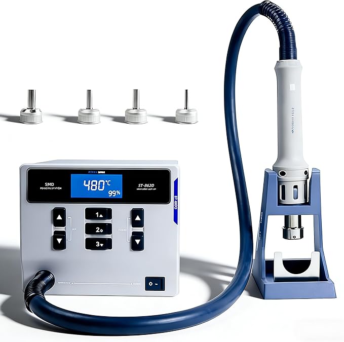 ATTEN ST-862D 1000W Digital Hot Air Rework Station - Temperature Controlled BGA/SMD Rework Station with Straight/Spiral Air Switch, Auto Sleep, 4 Nozzles for PCB Chip Soldering and Desoldering