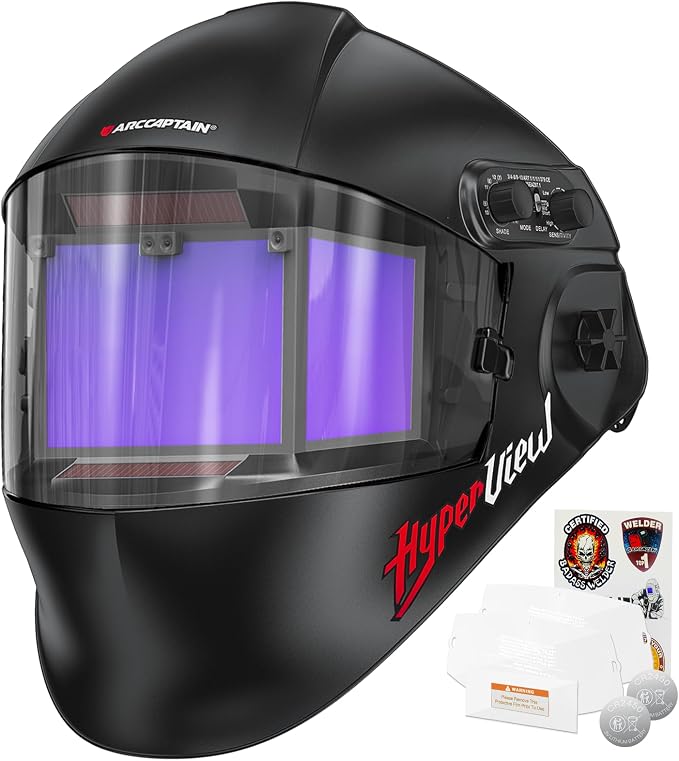 ARCCAPTAIN Auto Darkening Welding Helmet with Panoramic Side View, 6.22" x 2.8" Extra-Large Viewing Screen, 1/1/1/1 True Color Welding Hood, 4 Arc Sensors, Shade 3/4-8/9-13 for TIG/MIG/ARC/Cut/Grind
