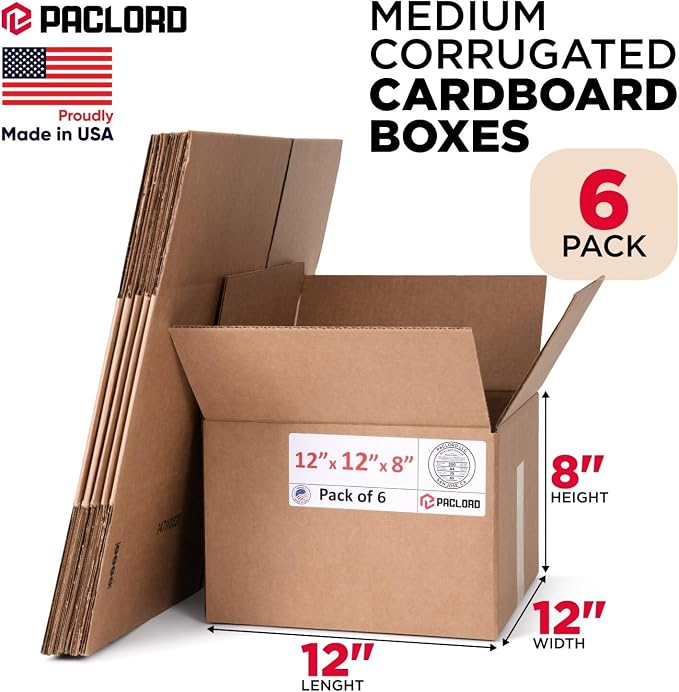 Medium Cardboard Boxes 12"L x 12"W x 8"H (Pack of 6) - USA-Made Packing Boxes for Moving, Shipping, or Storage - USPS, UPS, FedEx Approved - Professional Packing Supplies for Moving | USA-Made Packing Boxes for Moving, Shipping, or Storage - USPS, UPS,...