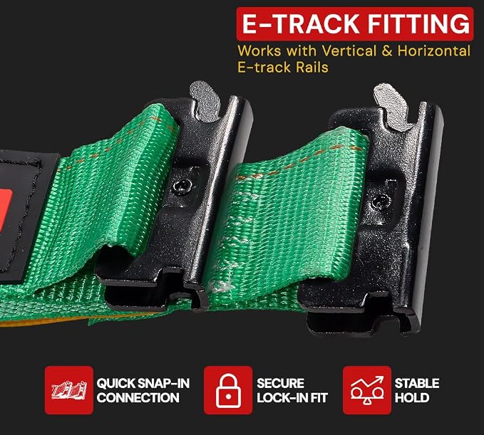 Mytee Products 4 Pack 2" x 16' Green E-Track Ratchet Tie Down Straps, 1,500 lbs WLL, 4,500 lbs BS, Spring-Loaded Double Stud E-Fittings for Enclosed Trailers & Trucks, Padded Handles & Storage Bag