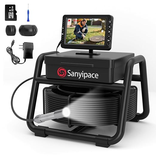 Sanyipace Sewer Camera 100FT,5" HD Screen,18mm Pipeline Inspection Camera with 8 LEDs Light,32GB DVR Function, 1080P IP68 Waterproof Camer for Drain Pipe Plumbing Sewer Line Inspection.