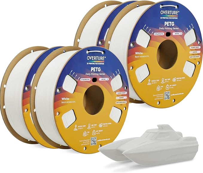 OVERTURE PETG Filament 1.75mm Bundle 4kg, High Speed 3D Printer Filament, Neatly Wound & Clog-Free, 4 Pack 1kg(2.2lbs), Accuracy +/- 0.02mm, Fit Most FDM Printers (White (4-Pack)