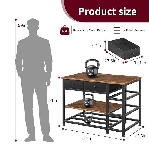 3D Printer Stand with Storage,3-Tier Heavy Duty 3 D Printer Table Shelf with 2 Fabric Drawers, 3 D Printing Desk for Tools and Supplies (Brown)