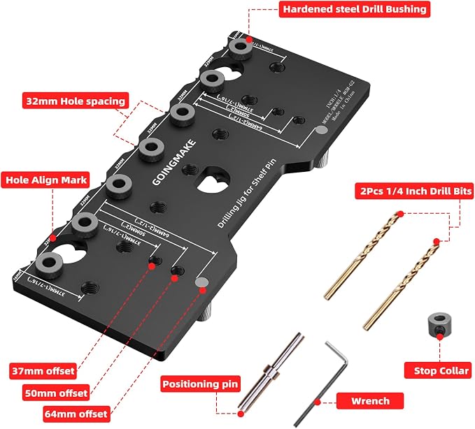 GOINGMAKE Shelf Pin Jig 1/4 Inch Aluminum Alloy Shelf Pin Drilling Jig Drill Guide for Straight Holes Shelf Pin Drilling Jig Cabinet Hardware Jig Shelf Pin Drilling Template Woodworking Tools
