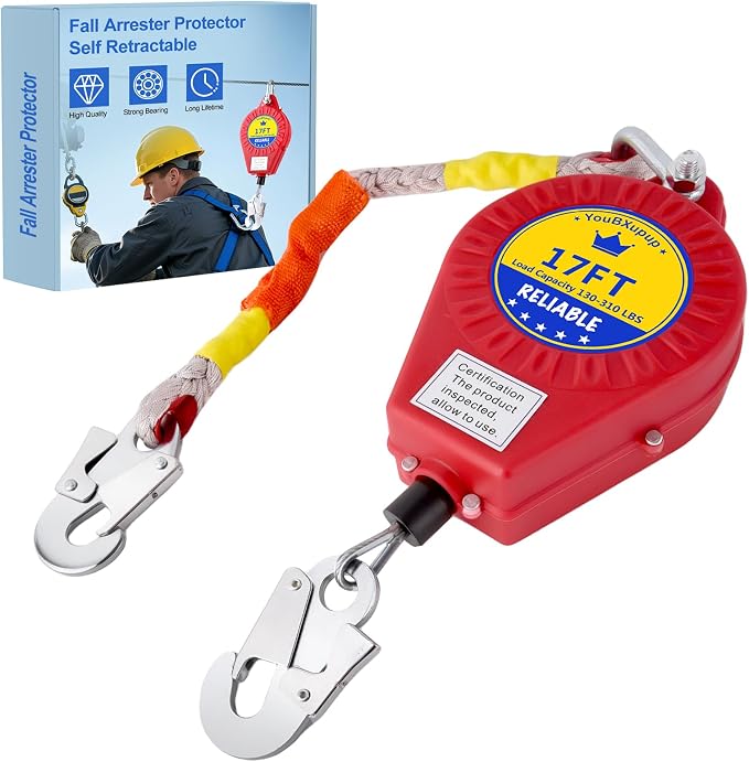 Fall Protection Lanyard Fall Arrest Protector 17Feet Self Retractable Double Locking Gear, Dual Shell Fall Safety Lifeline, Rope for Roofing, Construction, Rescue