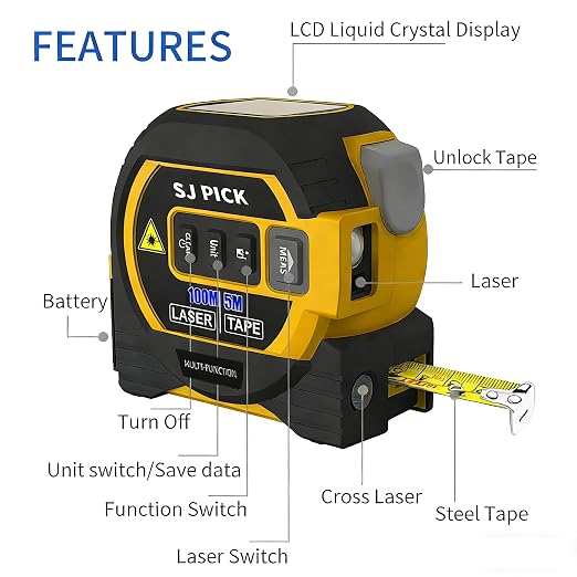 Voice Intelligent Tools Tape Measure 3-in-1 Laser Digital Measuring Tape Ruler-LCD Backlight 5M/16Ft Tape & Laser 80m/262Ft Rangefinder,Crosshairs Markings,Data Storage (Yellow, 80m/262ft)