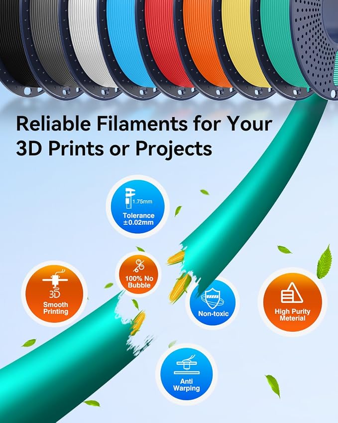JAYO PLA+ Filament Bundle 1.75mm, PLA 3D Printer Filament Bundle Multicolor, 250g Spool, 8 Pack, 2KG in Total (Black, White, Gray, Mint Green, Lemon Yellow, Sunshine Orange, Cherry Red, Sky Blue)