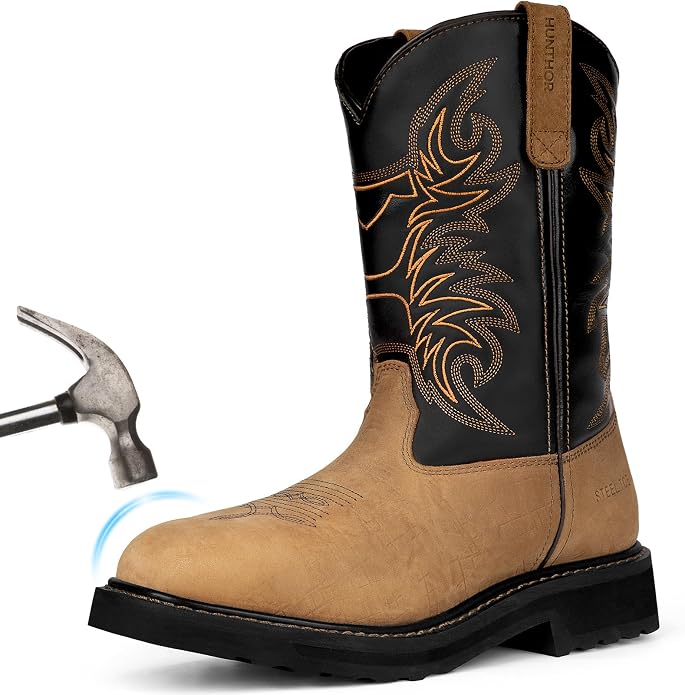 Men's Cowboy Work Boots, Square Steel Toe EVA Mid-Sole with GoodyearWelt Leather Anti Slip Western Men's Brown Boots for Manufacturing, Construction, Farming, Size 7-14