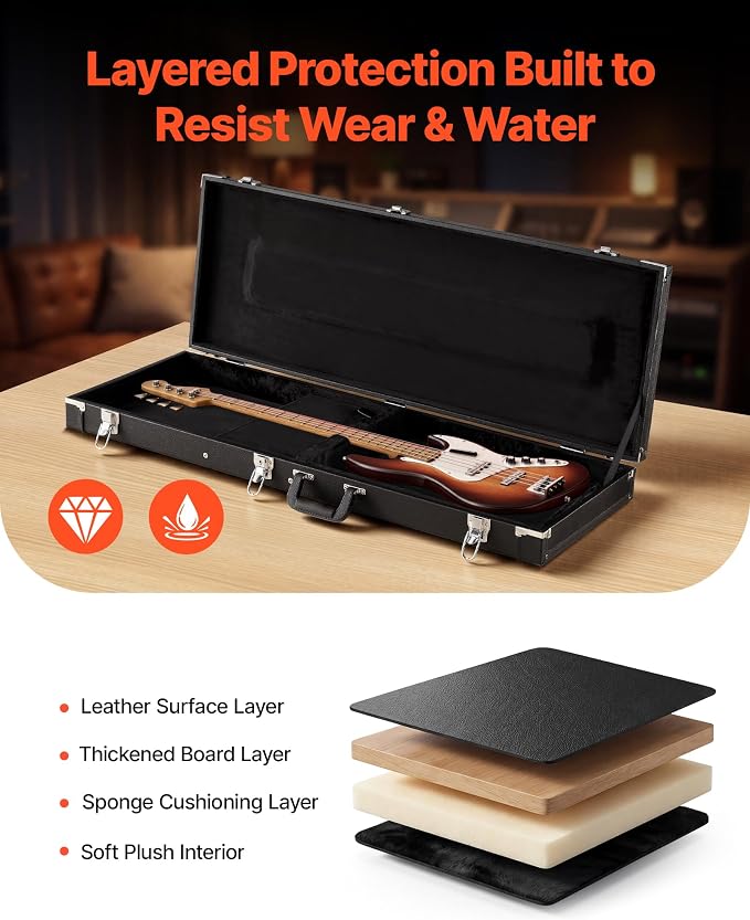 VEVOR Electric Guitar Hard Case, 41.3 Inch, Rectangle Wooden Hard-Shell Protective Carrying Case, with Lock Latch, Padding, Accessory Compartment, Key, for 39 Inch Tele/ST Electric Guitars, Black