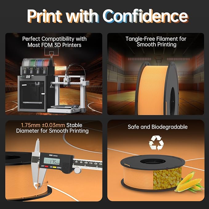 BIQU PLA-HR Flexible 3D Printer Filament Specifically for Printing Airless Basketballs, 1.75mm 1KG Spool (2.2lbs), Triple Color Filament for Most FDM 3D Printer, Blue-Orange-White