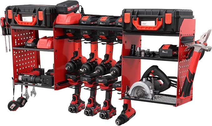 Power Tool Organizer Wall Mount with Charging Station, Heavy Duty Metal Cordless Drill Holder, Garage Tool Storage Battery Rack with 8 Outlet, Gift for Men Husband Dad Birthday Anniversary Red