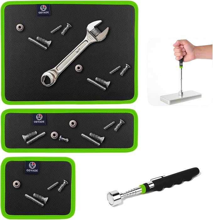 Magnetic Tool Mat Set, 4 Pack Tool Mat Set with Telescoping Pickup Tool | 40LB Strong Magnetic Mat for Tools | Screws & Parts Garage Workshop Organizer for Mechanics & DIY (Green)