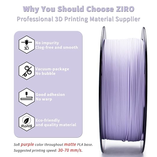 ZIRO Matte PLA Filament, Shine-Free Finish 1.75mm 3D Printer Filament, Pastel Colors PLA Series, 1kg/2.2lbs Spool, Dimensional Accuracy +/- 0.03mm, Fit Most FDM 3D Printers, Pastel Purple(Matte)