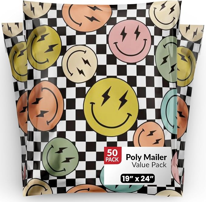Package Mint 19x24 Poly Mailers - 50 Pack Smiles Checkerboard Design - Waterproof and Tear-Resistant Mailing Bags with Self-Adhesive Seal - Versatile Shipping Bags for Clothes and Accessories