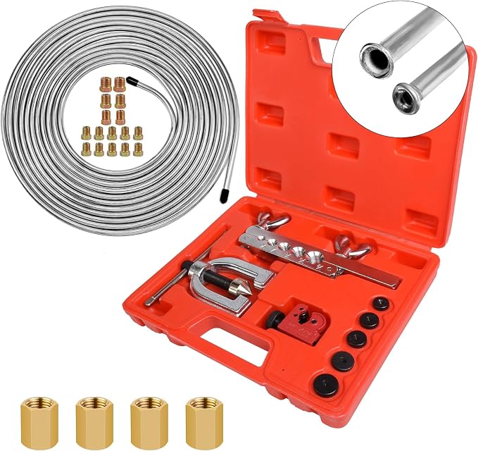MuHize 25FT 3/16 Inch Brake Line Flaring Tool Kit | Zinc Coated Alloy Brake Line with 16 Fittings & 4 Unions, Includes Double & Single Flaring Tool and Tube Cutter